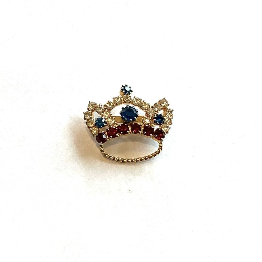 Vintage Lovely Gold Crown Brooch with Blue,Clear and Red Rhinstones